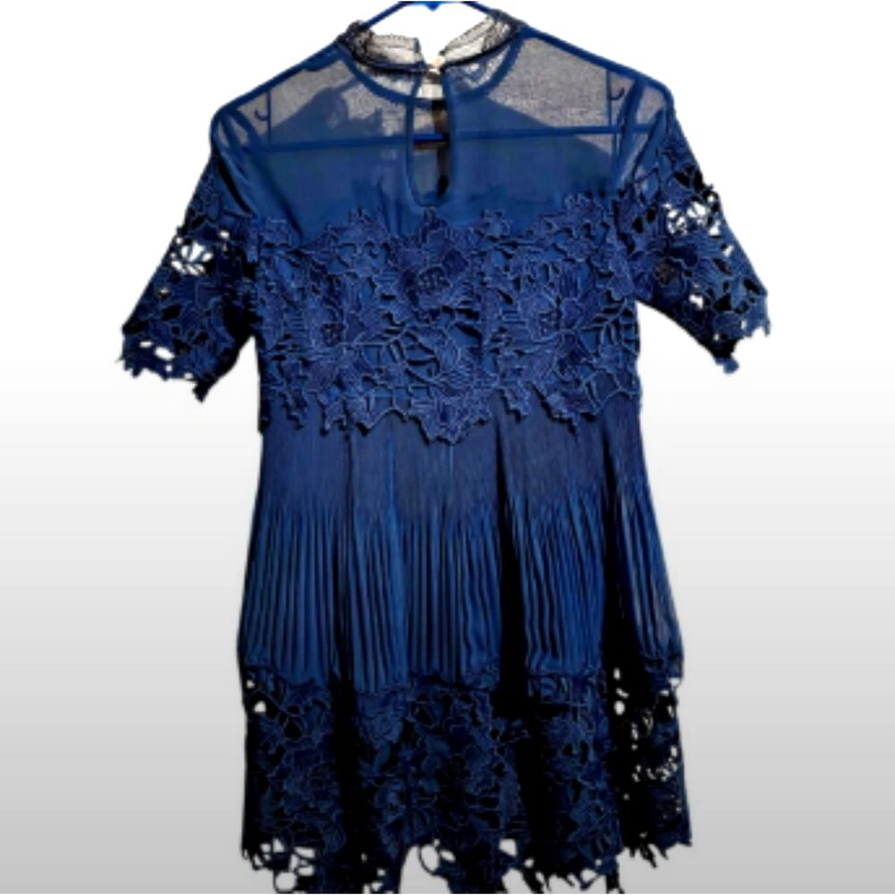 Free People Saylor X Navy Blue Hollie Lace Mock Turtle Neck Mini Dress XS